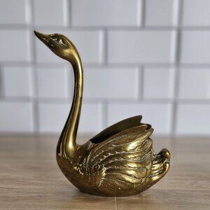 Vintage Mid Century Brass Swan Long Neck 7.5” Planter Figurine Trinket Box